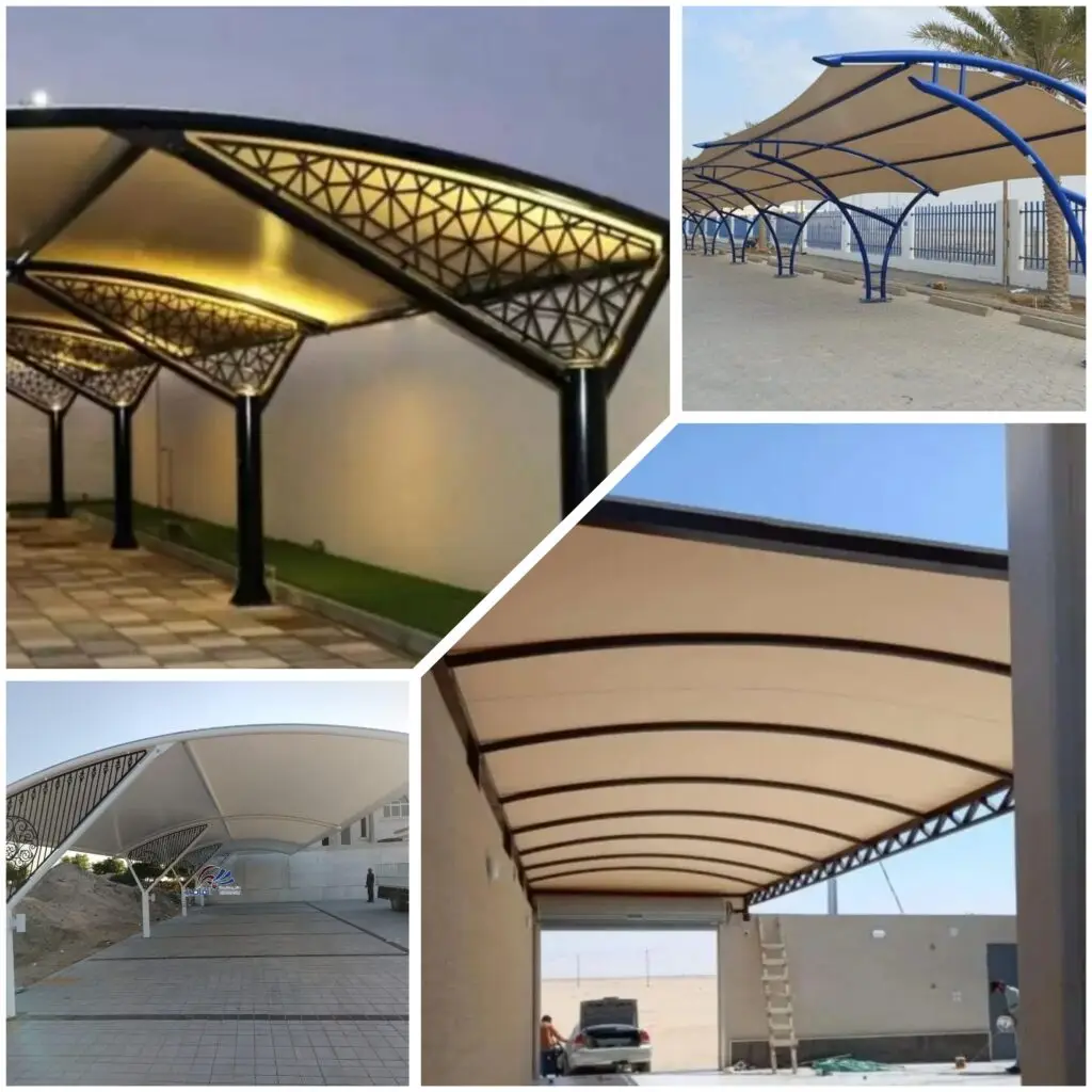 مظلة سيارات مقوسة بلون بيج بتصميم منحني وهيكل حديدي قوي أمام المنزل. alt text 2: مظلات مواقف مقوسة تغطي مدخل المنزل وتوفر حماية من الشمس. alt text 3: مظلة مقوسة واسعة داخل فناء المنزل لوقوف السيارات بأعمدة ثابتة. alt text 4: مظلات شد مقوسة بتصميم انسيابي مخصص لمداخل المنازل والمواقف الخارجية.