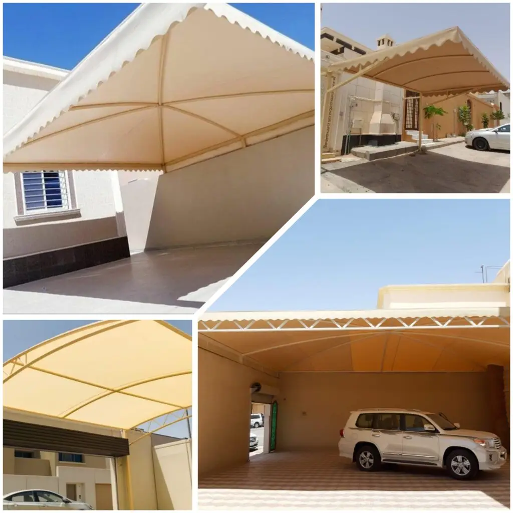وهيكل حديدي قوي بإضاءة جمالية. alt text 2: مظلات مواقف سيارات بقواعد ثابتة ولون بيج مقاوم للعوامل الجوية. alt text 3: مظلة سيارات طويلة داخل فناء منزل مع أعمدة حديدية متينة. alt text 4: مظلات شد إنشائي بيضاء للمواقف الخارجية بتصميم أنيق ومنحني.