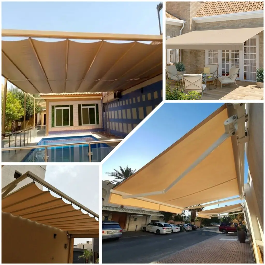 مظلة متحركة فوق جلسة خارجية بلون بيج قابلة للفتح والإغلاق. alt text 2: مظلة سحاب متحركة فوق مسبح توفر حماية من الشمس. alt text 3: مظلة متحركة جانبية بلون فاتح مثبتة على واجهة منزل. alt text 4: مظلة خارجية متحركة قابلة للتمديد لتظليل الحوش أو الجلسات.