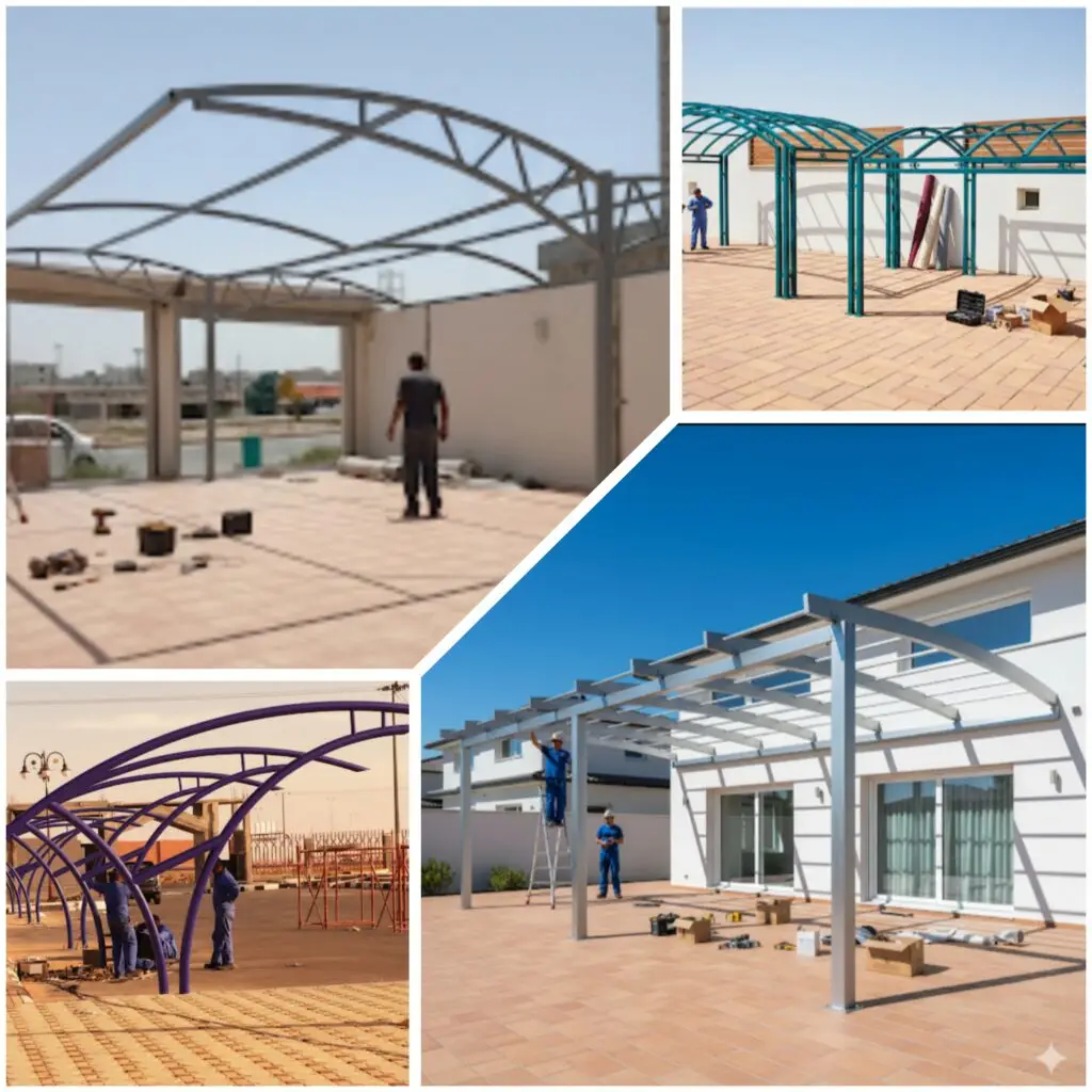 تجهيز موقع تركيب مظلة مع تحديد أماكن تثبيت الأعمدة. alt text 2: فريق فني يقوم بتركيب هيكل مظلة حديدية بشكل احترافي. alt text 3: عملية ربط الشدّات وتثبيت غطاء المظلة في الموقع. alt text 4: مرحلة تجهيز الهياكل قبل تركيب مظلة