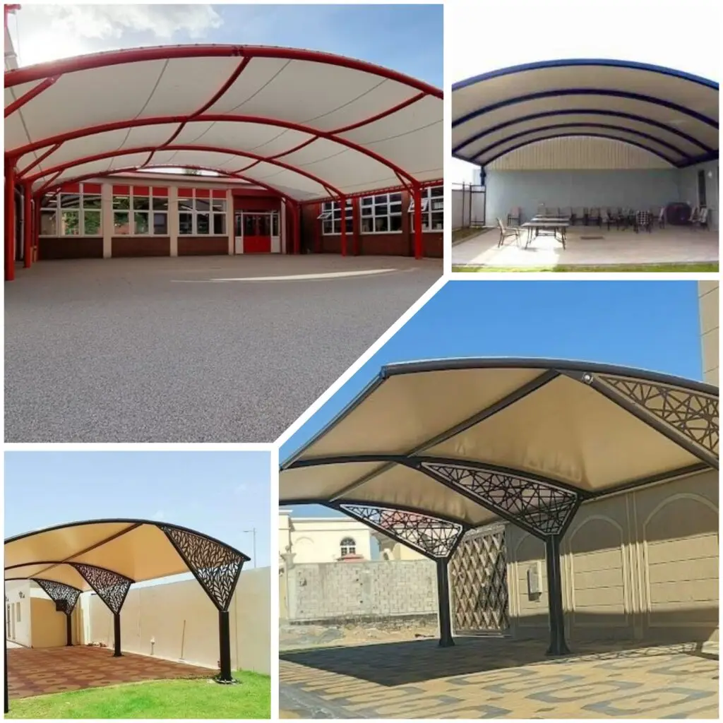 مظلة سيارات مقوسة بلون بيج بتصميم منحني ثابت أمام المنزل. مظلة مقوسة تغطي مدخل منزل بهيكل حديدي قوي. alt text 3: مظلة مواقف مقوسة بتصميم انسيابي مقاوم للشمس والحرارة. alt text 4: مظلة خارجية مقوسة مثبتة في فناء منزل بتشطيب احترافي.