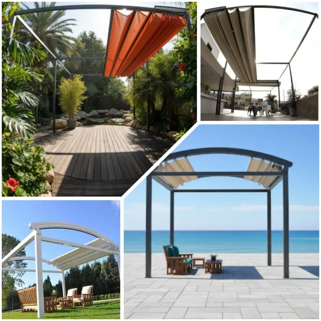 مظلات مقوسة عالية الجودة مع تجهيز كامل للهيكل والمواد لضمان متانة ومظهر جذاب، مناسبة لحماية السيارات والمناطق الخارجية من العوامل الجوية.