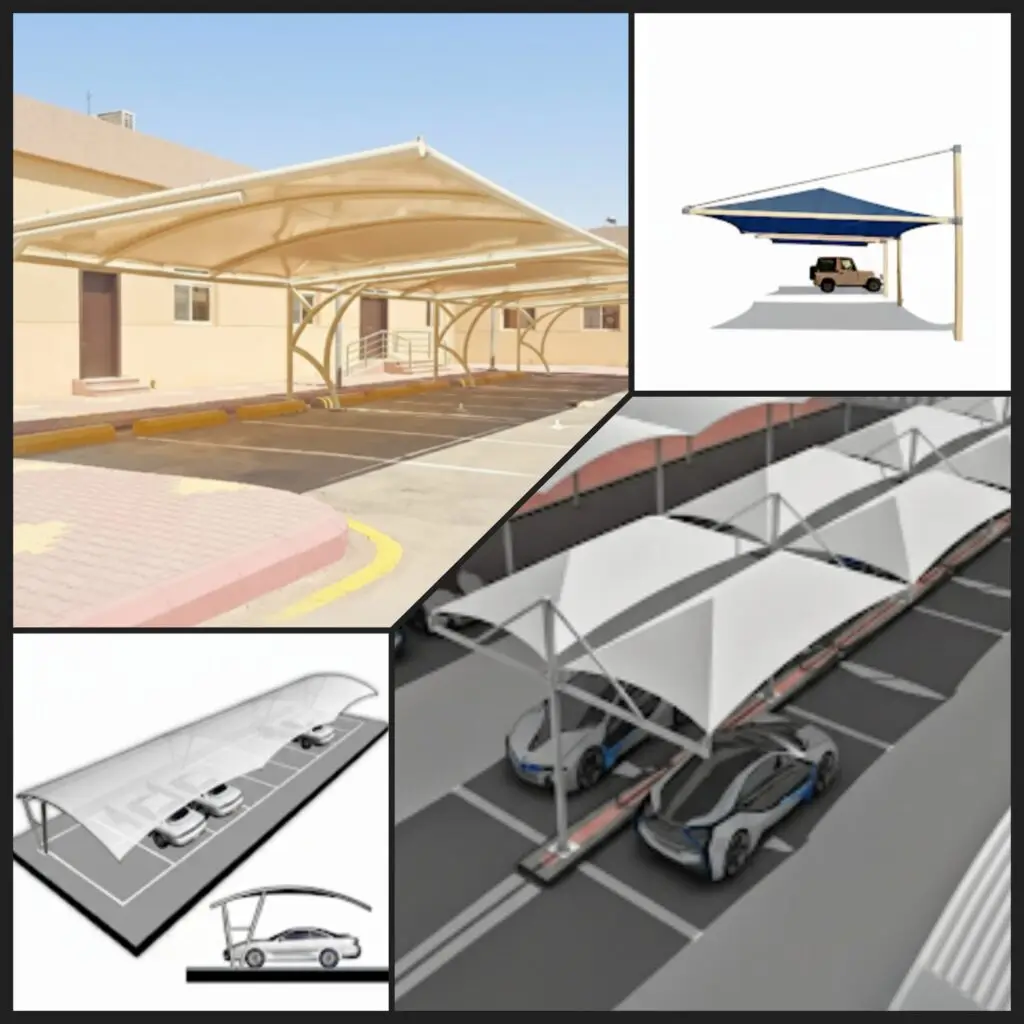 صورة مظلات مقوسة مع تجهيز الهيكل والمواد، مظلة متينة وعصرية لحماية السيارات والمساحات الخارجية
