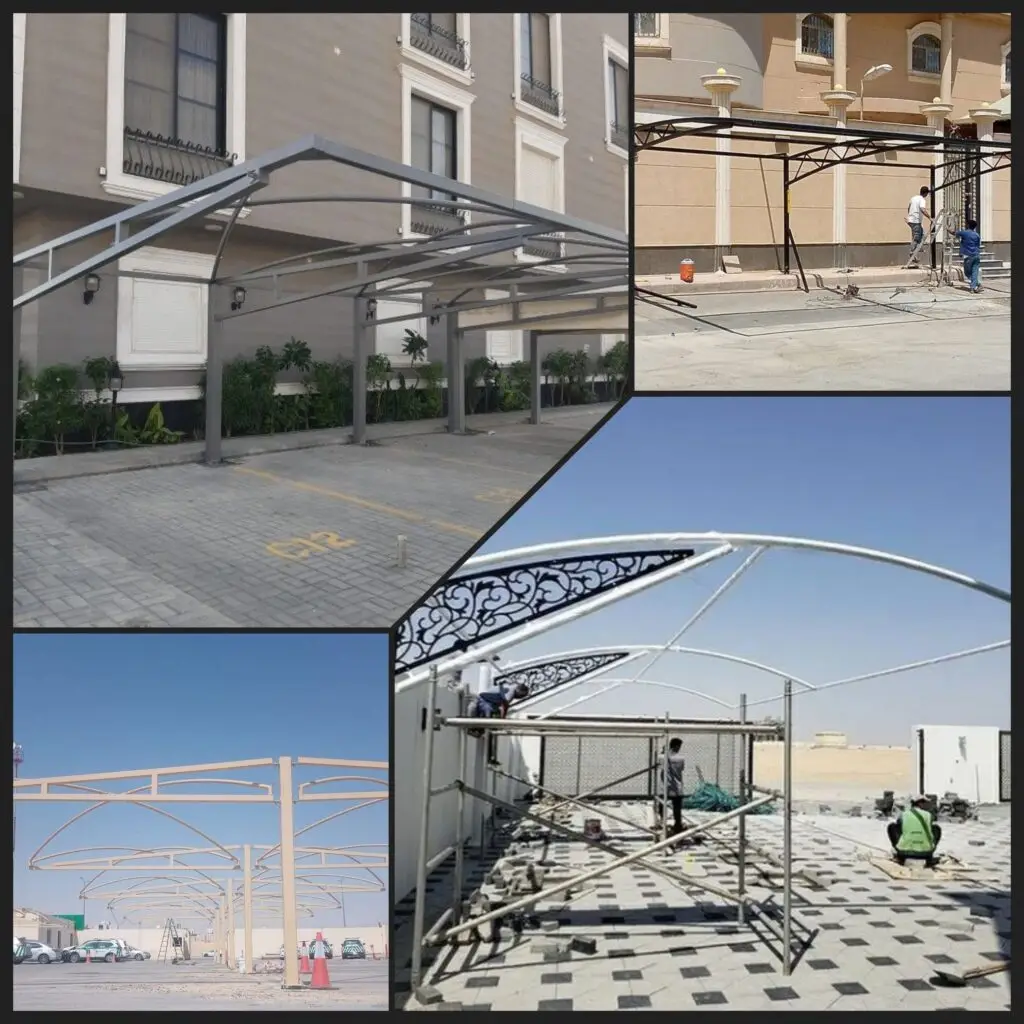 صورة عملية تركيب مظلة مقوسة مع الفحص النهائي، لضمان متانة وجودة عالية وحماية المساحات الخارجية