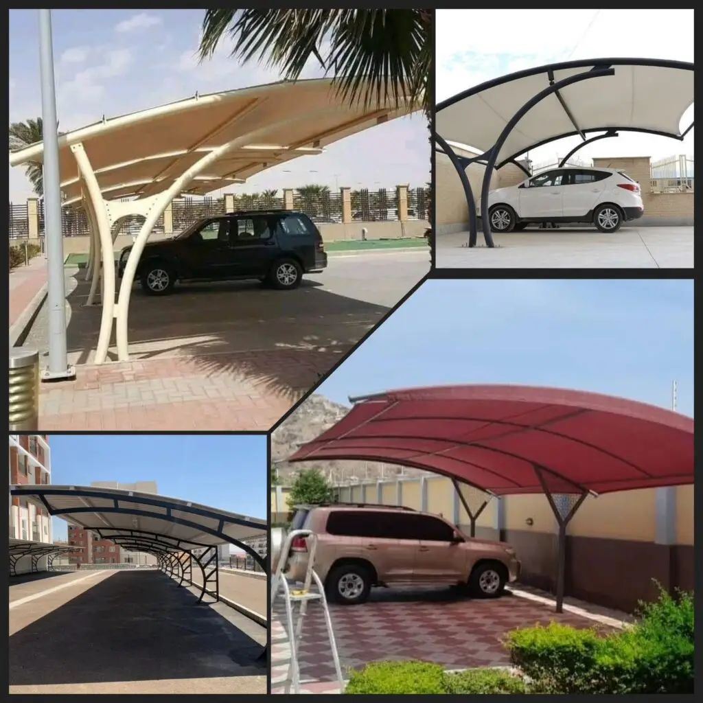 صورة مظلات مقوسة مع تجهيز الهيكل والمواد، مظلة متينة وعصرية لحماية السيارات والمساحات الخارجية