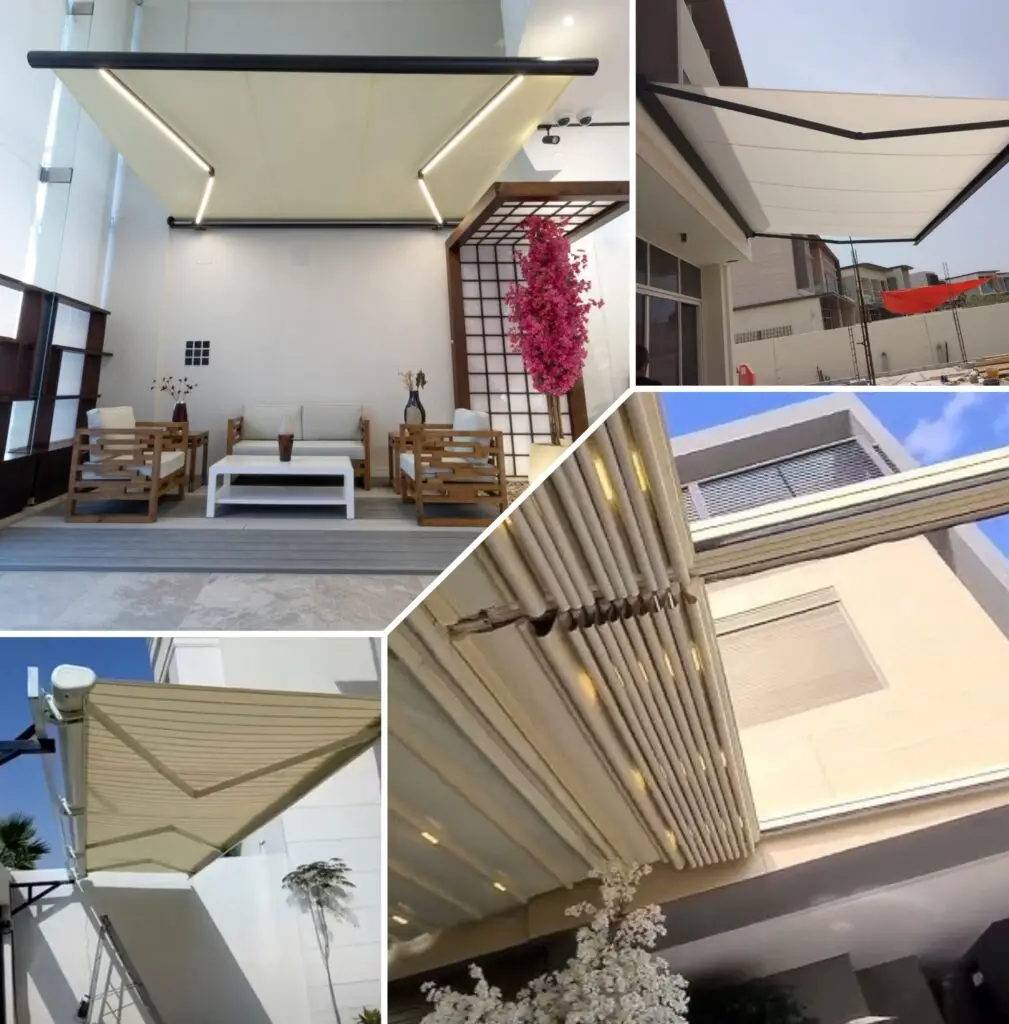 صورة مظلة متحركة كهربائية مع هيكل متين ومواد عالية الجودة، توفر حماية سهلة التحكم للسيارات والمساحات الخارجية