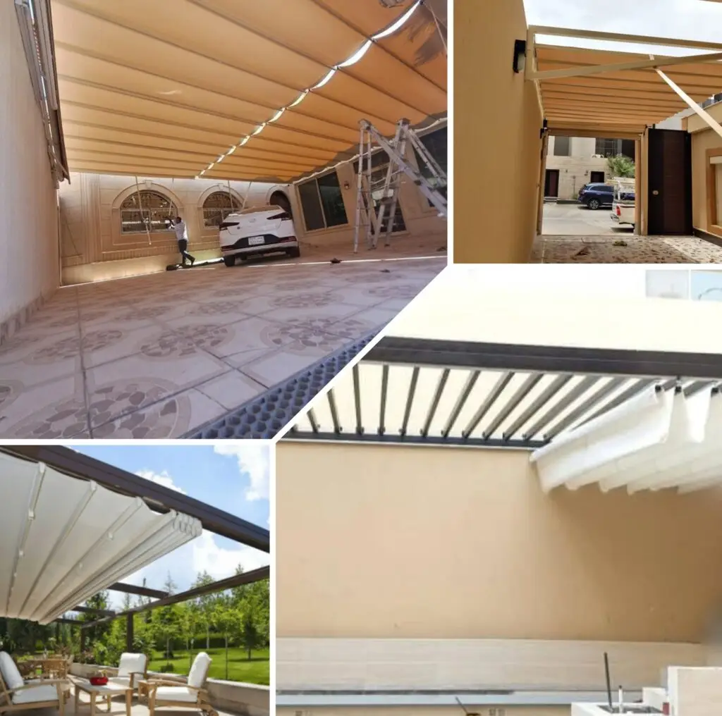 صورة مظلة متحركة منزلقة مع هيكل قوي ومواد عالية الجودة، توفر حماية مرنة وعصرية للسيارات والمساحات الخارجية
