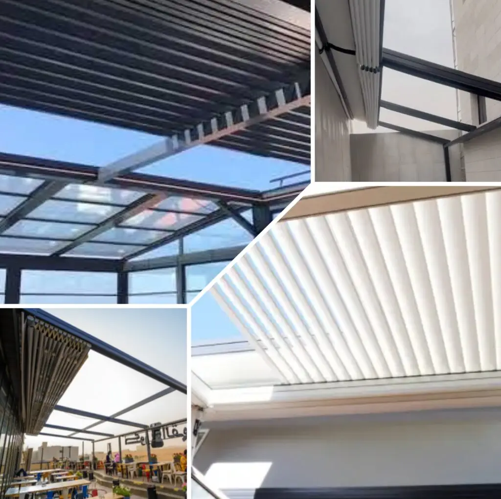 صورة عملية تصنيع وتجهيز مظلة مقوسة في الورشة، مع التركيز على جودة الهيكل والمواد لضمان المتانة والجمالية