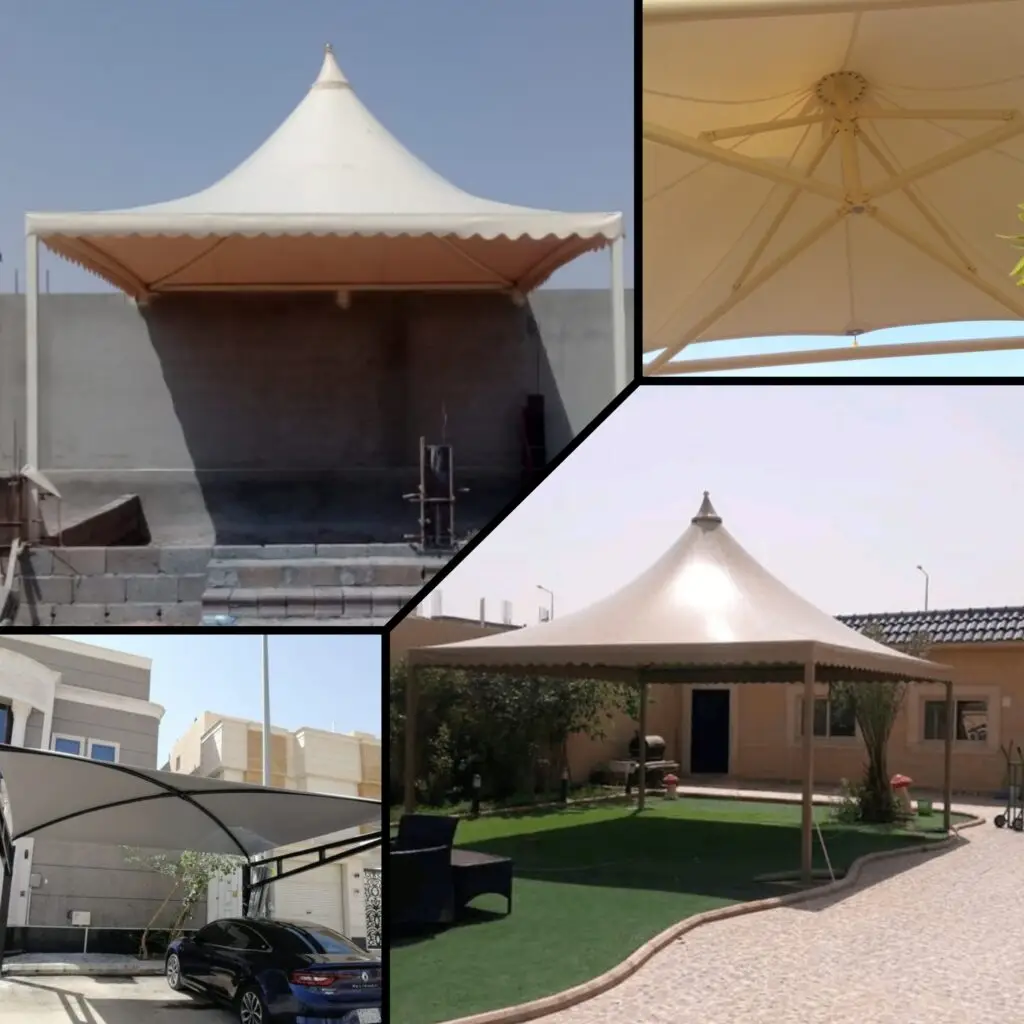 صورة مظلة هرمية قماشية بتصميم عصري، توفر حماية فعالة من الشمس والأمطار لمساحات خارجية