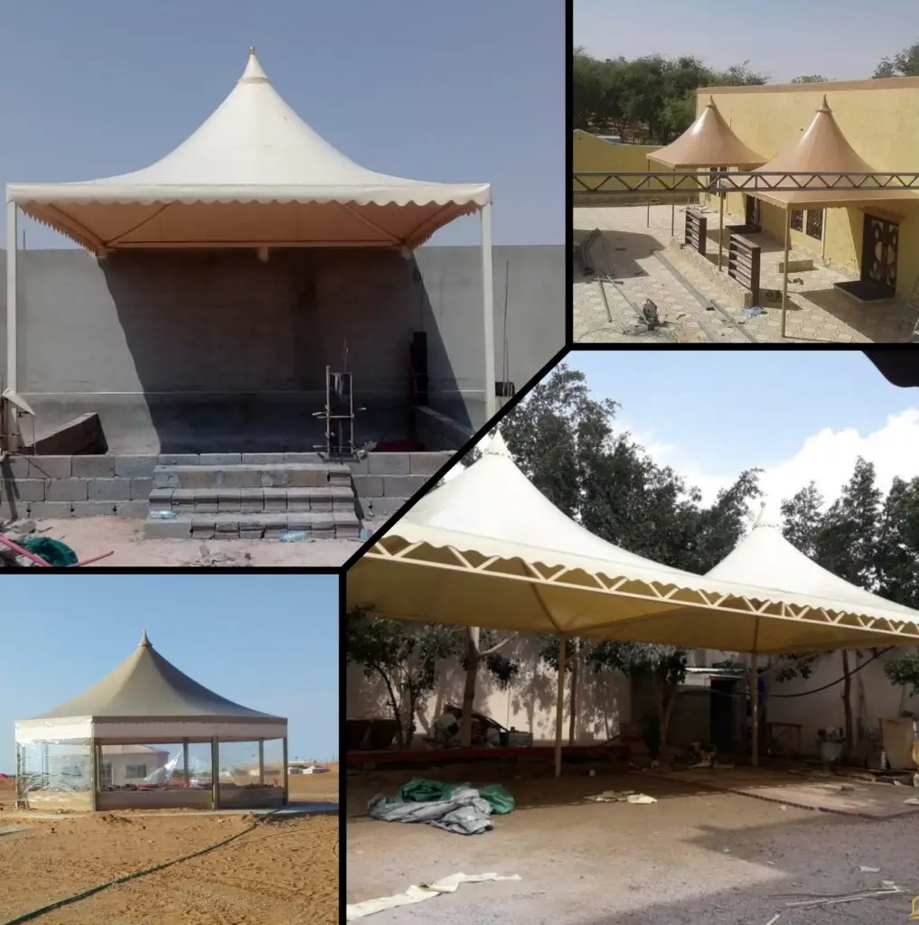 صورة مظلة هرمية حديدية بتصميم متين، توفر حماية قوية من الشمس والأمطار للمساحات الخارجية