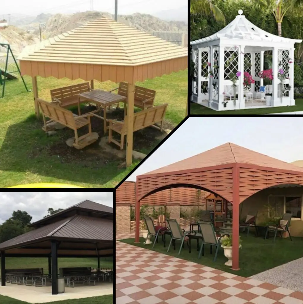 صورة مظلة هرمية خشبية بتصميم طبيعي وأنيق، توفر حماية من الشمس والأمطار مع لمسة جمالية للمساحات الخارجية