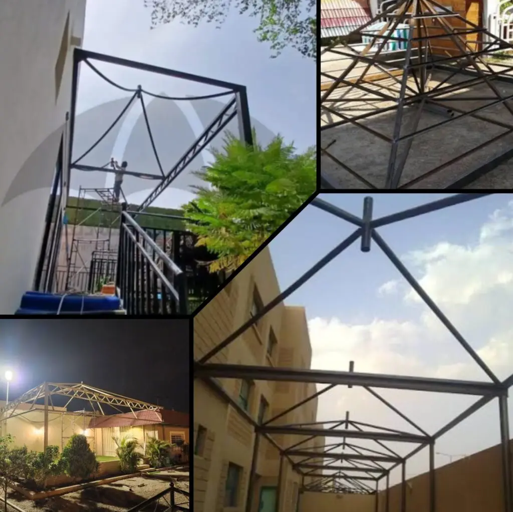 صورة عملية التجهيز والتصنيع الفني لمظلة هرمية في الورشة لضمان دقة الأبعاد ومتانة الهيكل