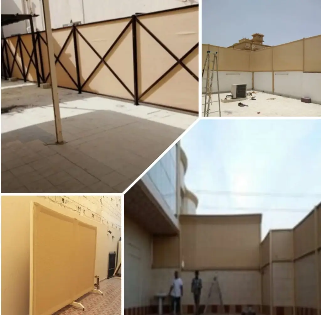 صورة عملية التصنيع والتجهيز الفني لسواتر قماشية، مع التركيز على جودة الخامات والمتانة وحماية المساحات الخارجية