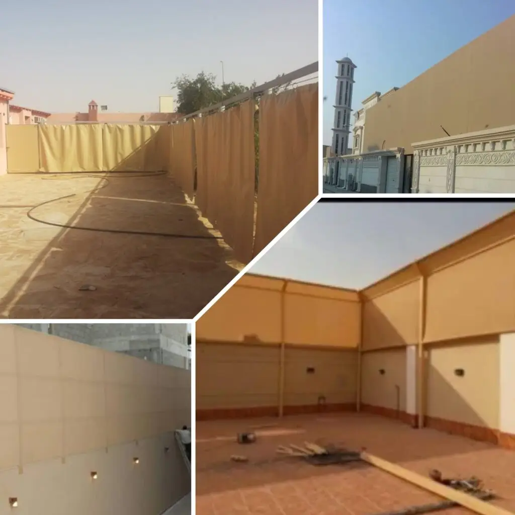 صورة عملية المعاينة واختيار نوع القماش للسواتر القماشية، لضمان جودة ومتانة التصميم وحماية المساحات الخارجية