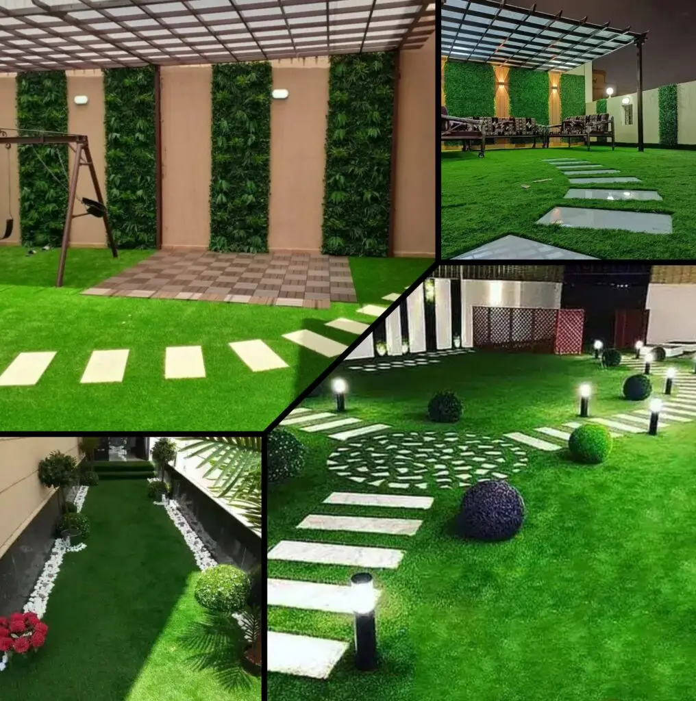 صورة حديقة مزروعة بالعشب الصناعي في مكة المكرمة، تعرض تصميم متناسق وجمالي للمساحات الخارجية