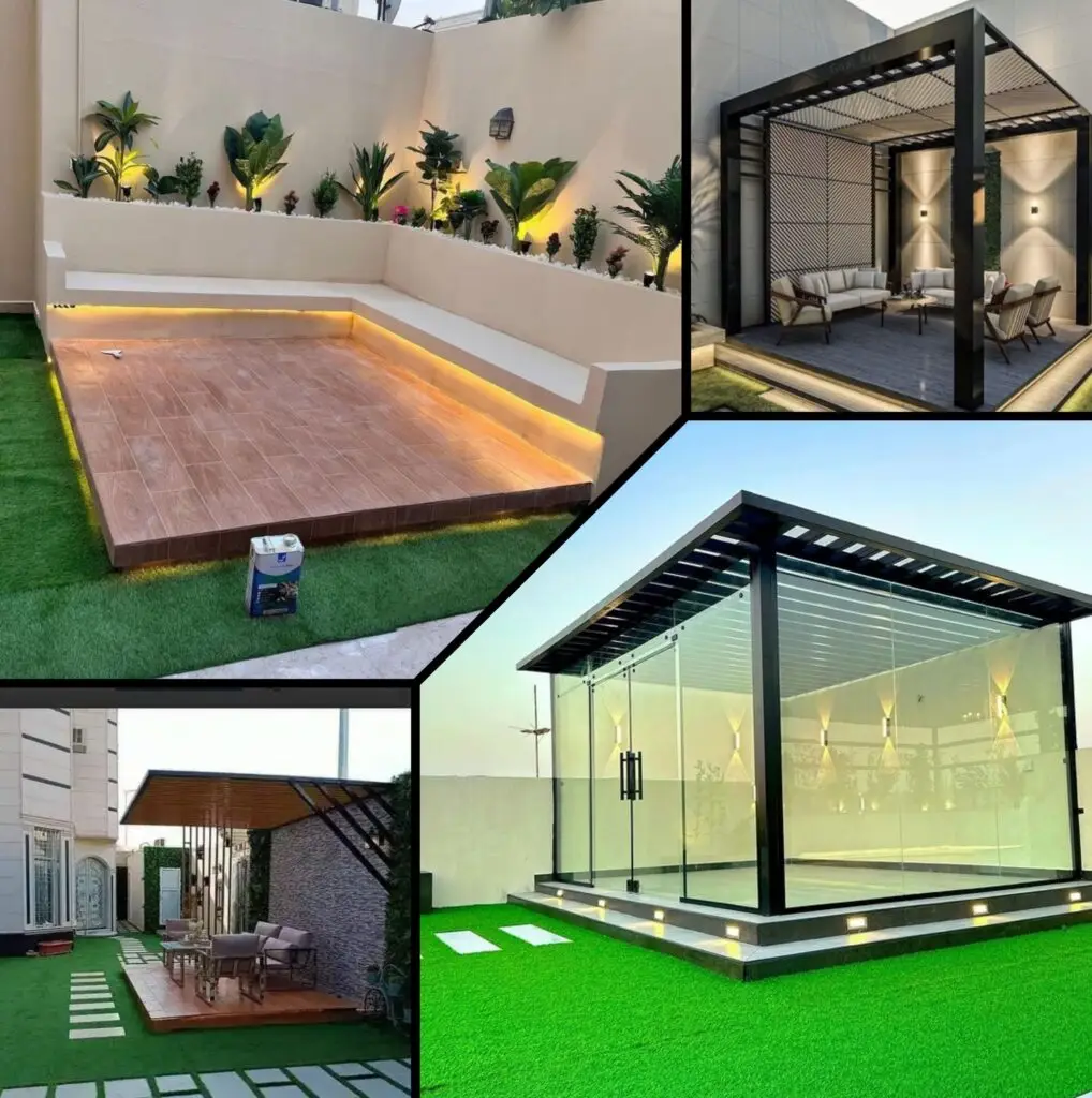 صورة حديقة منزلية وجلسة خارجية منسقة في مكة المكرمة، تعرض تصميم جذاب ومتناسق للمساحات الخضراء والجلسات