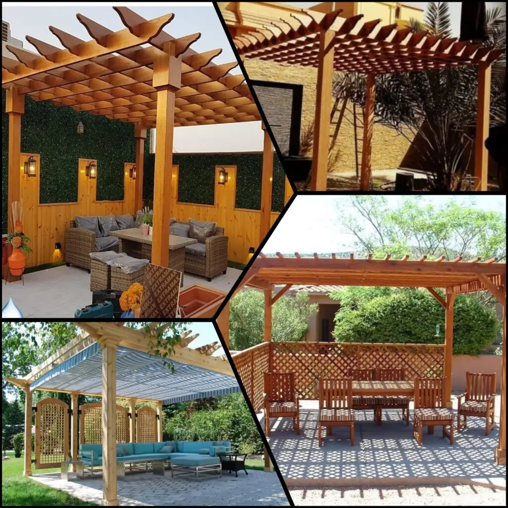 صورة جلسة برجولة خشبية أنيقة ومريحة في حديقة خارجية، مع تصميم جذاب وحماية جزئية من الشمس