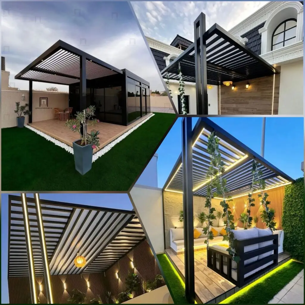 صورة جلسة برجولة حديدية فاخرة وأنيقة في حديقة خارجية، مع تصميم متين وحماية جزئية من الشمس