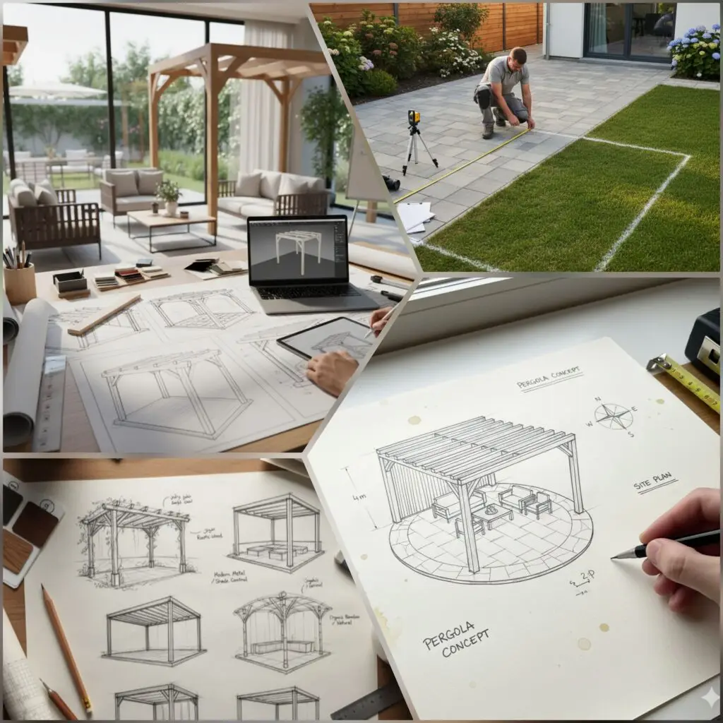 صورة عملية المعاينة وتحديد التصميم لجلسة برجولة، لضمان اختيار المواد والتصميم المثالي وحماية المساحات الخارجية