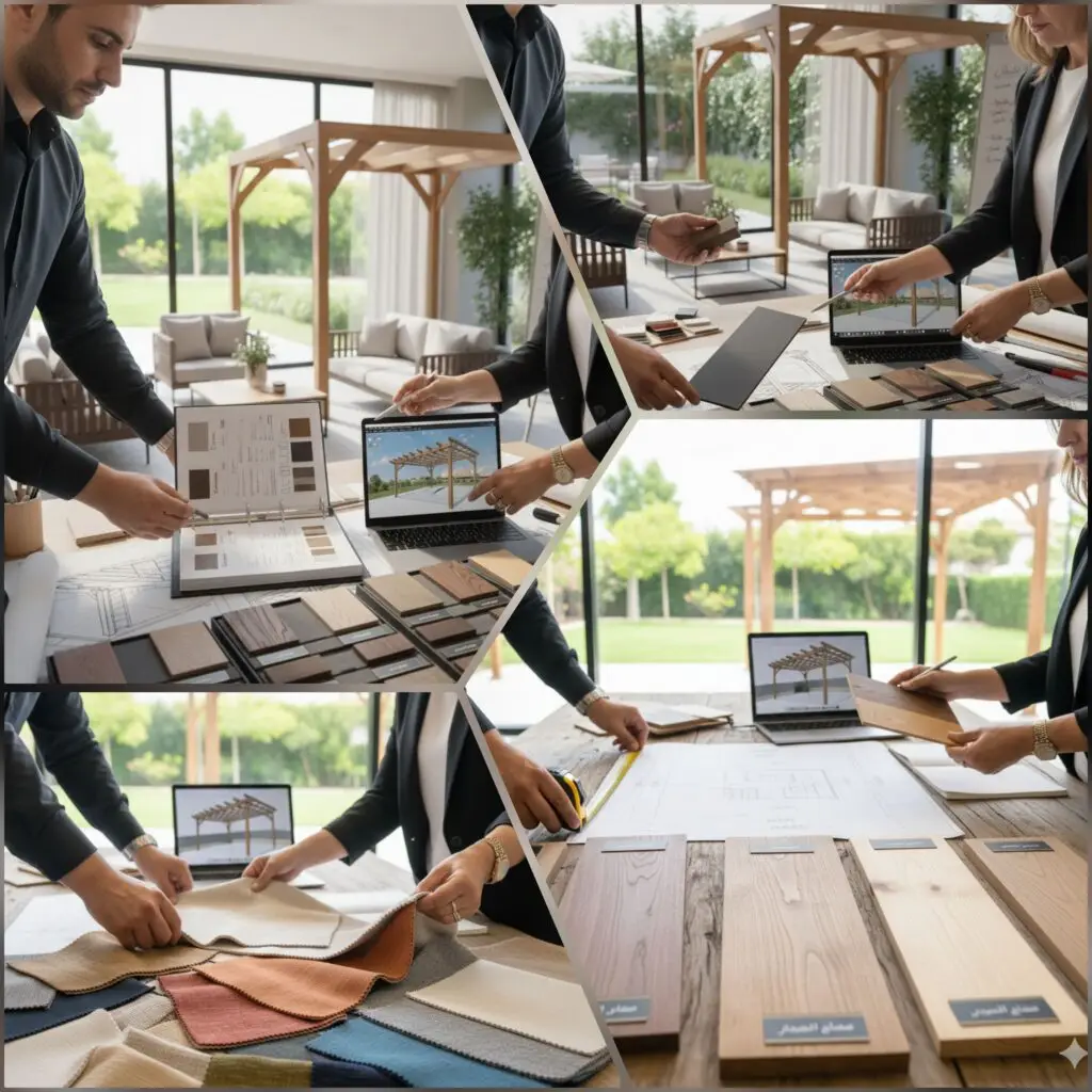 صورة عملية اختيار المواد والمقاسات لجلسة برجولة، لضمان متانة التصميم وتناسق الأبعاد مع المساحات الخارجية