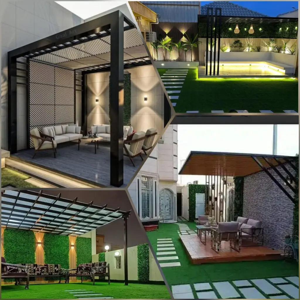 صورة عملية التصنيع والتجهيز لجلسة برجولة، مع التركيز على جودة المواد والمتانة والتصميم الجمالي للمساحات الخارجية