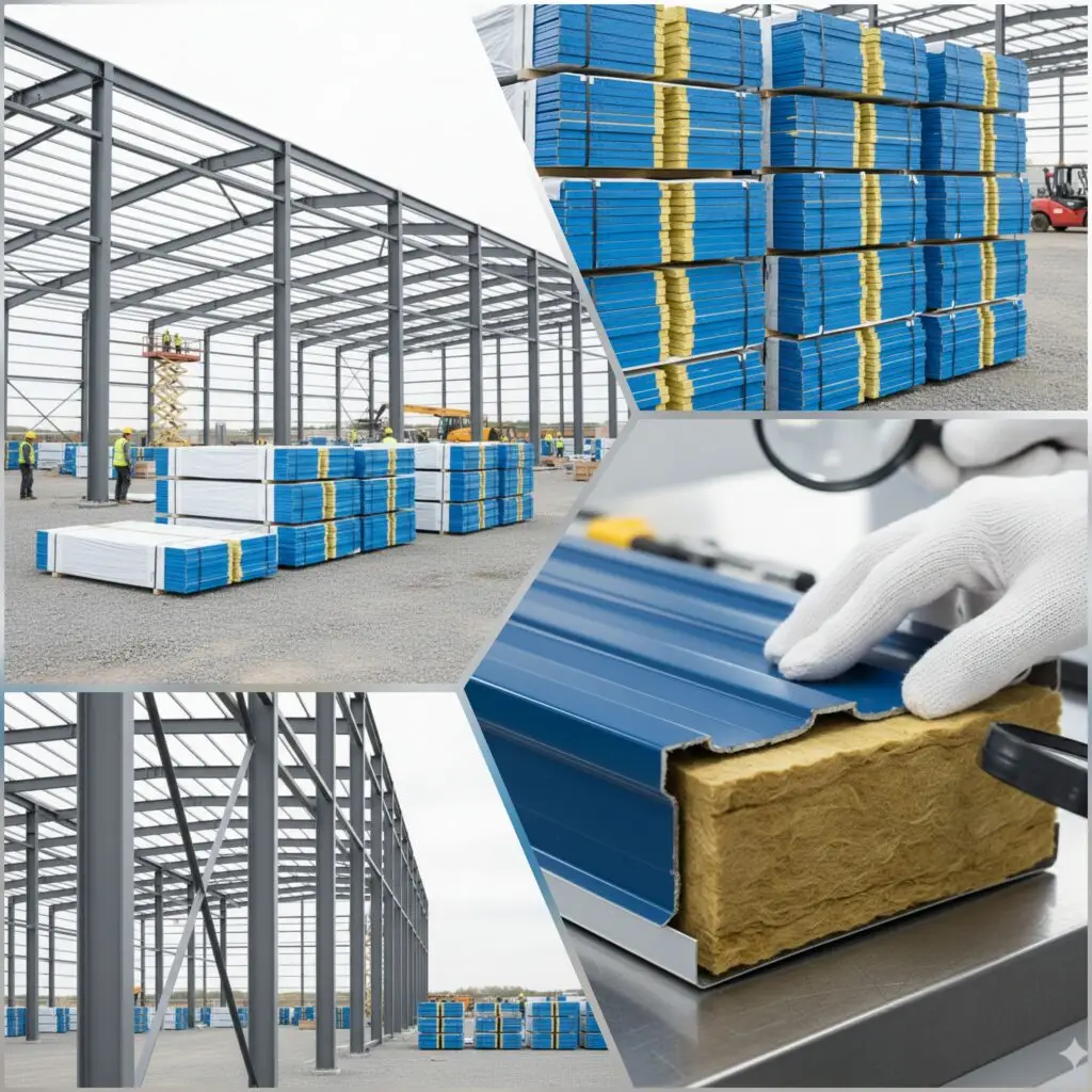 صورة عملية التصميم والتجهيز لأسطح ساندويتش بانل، مع التركيز على جودة المواد ودقة الأبعاد ومتانة الهيكل