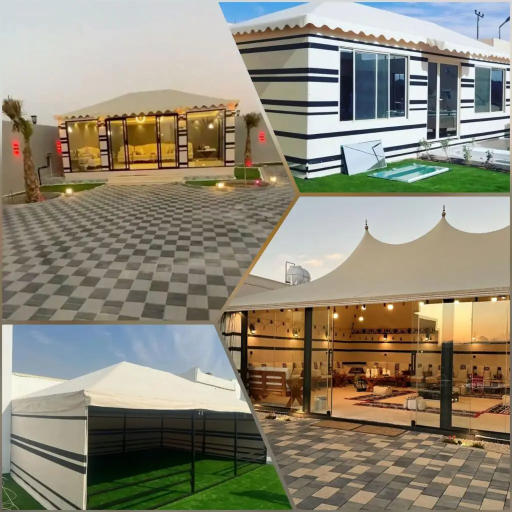 صورة بيت شعر ملكي فاخر بتصميم أنيق وفخم، يوفر مساحات خارجية مريحة وجميلة للجلوس والاسترخاء