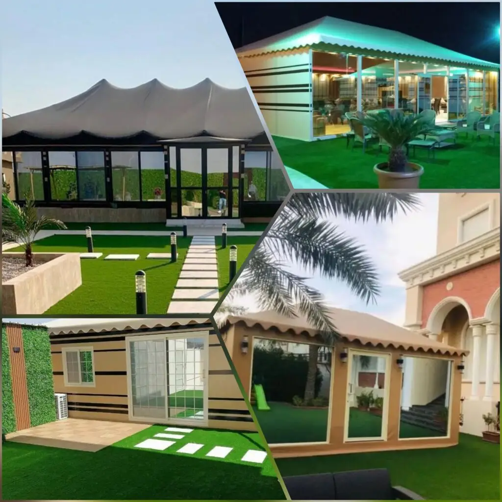 صورة بيت شعر خارجي في حديقة أو استراحة، بتصميم جذاب ومساحة جلوس مريحة للهواء الطلق