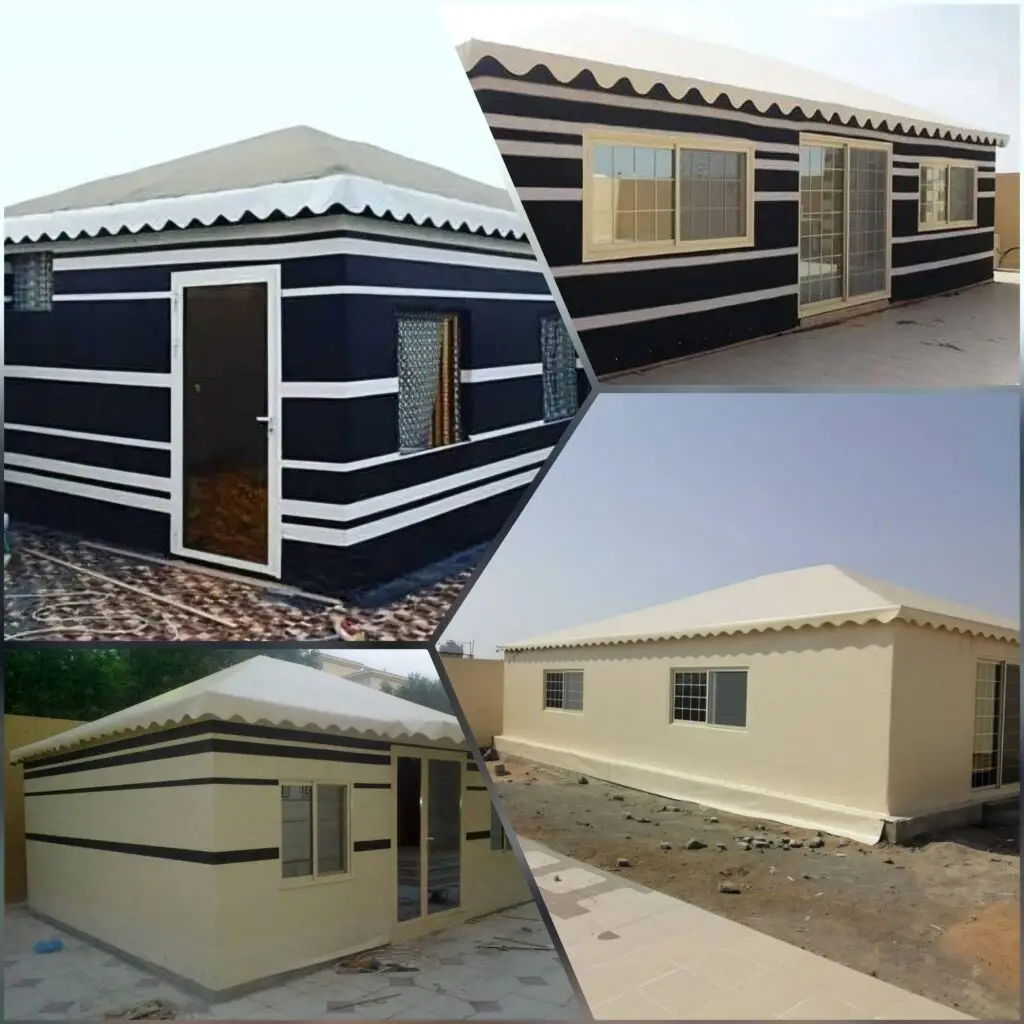 نص بديل للصورة (Alt Text): صورة بيت شعر ثابت ودائم بتصميم متين وصلب، يوفر مساحات جلوس مريحة ومحمية طوال العام