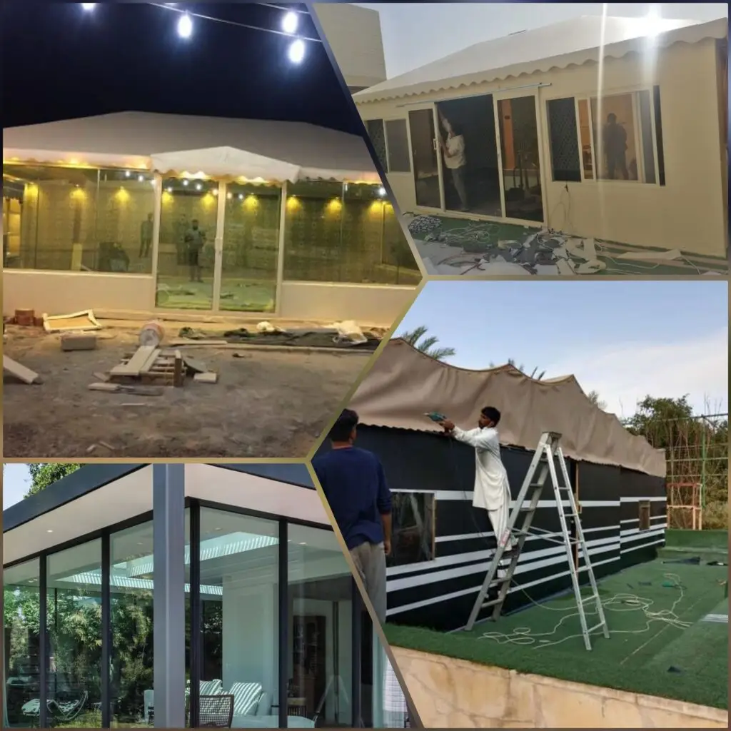 صورة عملية إعداد القواعد والهيكل الإنشائي لبيت شعر حديث بواجهات زجاجية لضمان متانة البناء وسلامة الهيكل