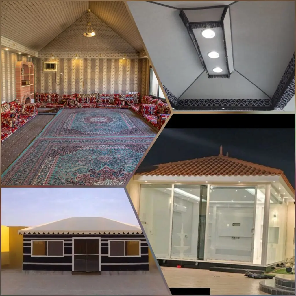 صورة عملية تركيب طبقات القماش والعزل والتشطيب الداخلي لبيت شعر حديث بواجهات زجاجية لضمان العزل والحماية والجمالية