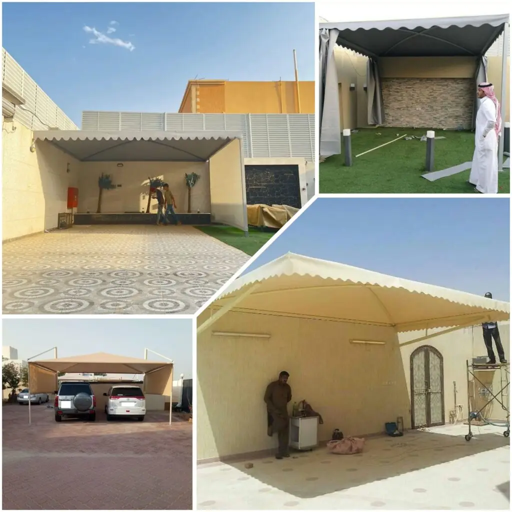 صورة عملية التركيب الميداني لمظلة مقوسة مع التسليم النهائي بعد الفحص، لضمان المتانة والجودة والمظهر الجمالي