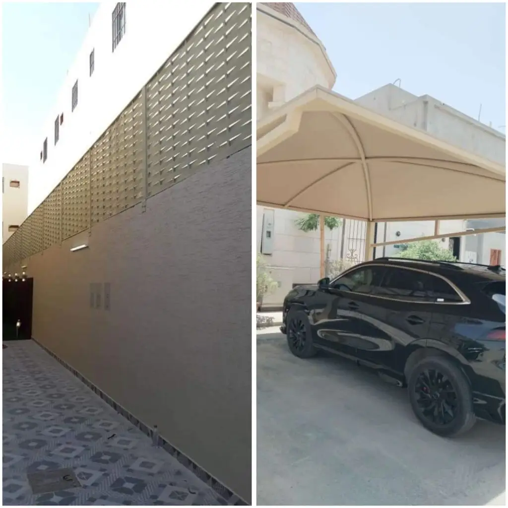 مظلات سيارات وسواتر منازل منفذة باحتراف في مكة. alt text 2: تركيب مظلات حديثة مقاومة للشمس والعوامل الجوية في مكة. alt text 3: سواتر توفر الخصوصية للمنازل والاستراحات في مكة. alt text 4: أعمال مظلات وسواتر بتصاميم متنوعة وجودة عالية في مكة.